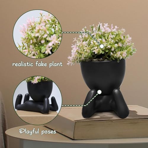 Zerzsy Human-Shaped Artificial Succulent Plant, Office Decor for Women and Men, Aesthetic Desk Plant Decor for Office and Home, Potted Small Fake Plants for Indoor Decoration - Set of 1 - color: Black-c