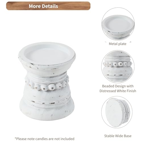 Wooden Candle Holder with Metal Cup - Rustic 4 Inch Pillar Candles Pedestal Stand for Tabletop, Fireplace, Decorative Beaded Candlestick Holders for Farmhouse Vintage Home Decor - White - color: Distressed White