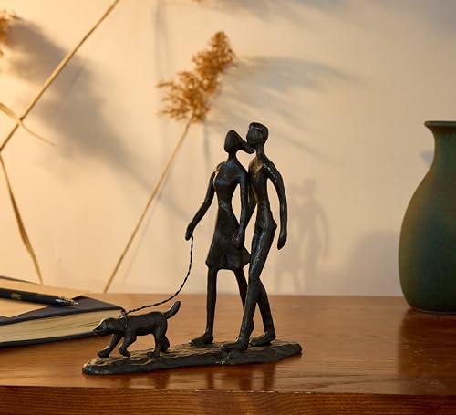 Couple and Dog Cast Iron Sculpture, Romantic Couple Love Metal Art Decor, Family Love Statue, Dog Lover Gifts for Couple - style: Couple Walking Dog