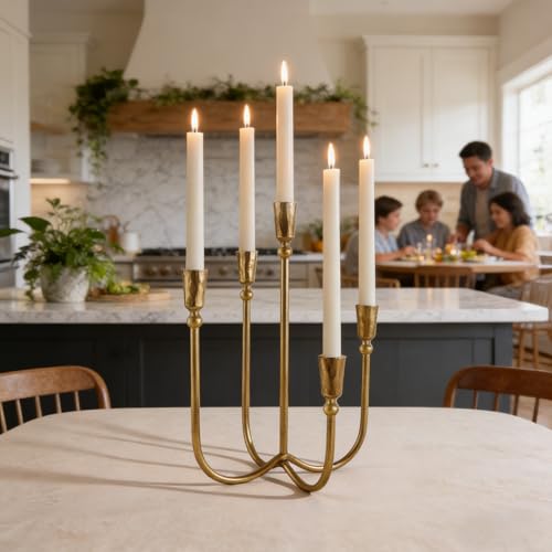 Cast Iron Candelabra 5-Taper Candle Holders, Candlestick Holders Tabletop Candles Stand, Decorative Table Centerpieces Mantel Decor, Antique Brass - color: 5-arm With Beads