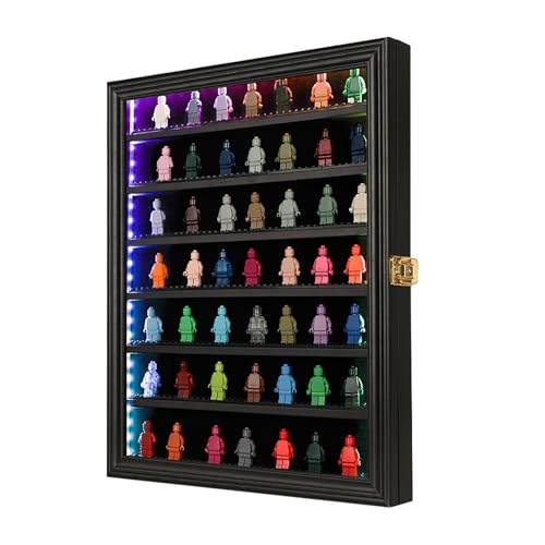 VERANI Minifigure Display Case with LED - Miniature Action Figure Display Box - Lockable Wall Mount Figures Memorabilia Display Cabinet for with Uv Protected Anti Fade with Light for Small Objects - size: Large Black with LED