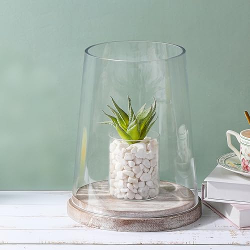 8" Wide Glass Hurricane Candle Holders with Handmade Sturdy Glass Sleeves and Distressed Brown Wood Base for Pillar Candle & Plants, Industrial, Farmhouse, Display Cloche Bell Jars, Table Centerpiece - color: Rustic Brown, size: 8.5"x11"
