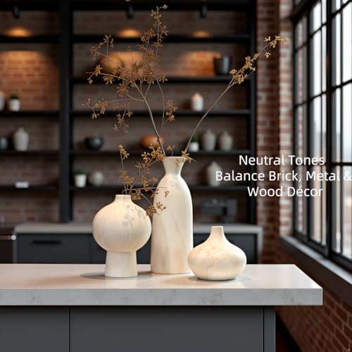 White Ceramic Vase Set of 3 in Beige, Modern Aesthetic Stone-Look Textured Pottery Vases for Shelf & Bookshelf Home Decor, Neutral Minimalist Decorative Vases for Flowers & Pampas Grass