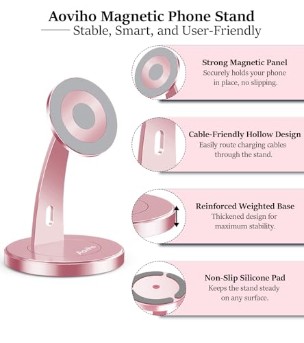 Aoviho Magnetic Phone Stand for Desk – 360° Rotating Aluminum Phone Holder, Stable Desk Stand for Office, Home & Kitchen, Compatible with iPhone 17 Pro Max 16–12 Series and MagSafe Cases, Rose Gold - color: Rose Gold