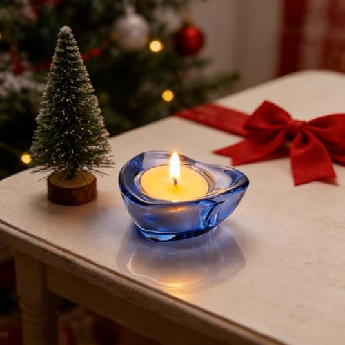 Blue Tealight Candle Holders - Set of 12, Heart-Shaped Chunky Glass Candle Holder, 2.9" Diameter - CH02 - Water Blue - color: Water Blue