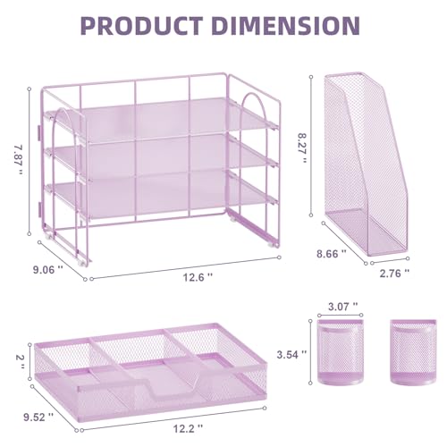 Marbrasse Desk Organizer and Accessories，4-Tier Paper Letter Tray Organizer with File Holder, Workspace Desk Organizers Accessories with Drawer and 2 Pen Holder (Purple, 15.4" x 9.1" x 8.3") - color: Purple