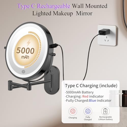 FUNTOUCH 20X/3X Rechargeable Wall Mounted Makeup Vanity Mirror with Lights, Double Sided Magnifying Wall Mount Mirror,3 Color Lighting, Touch Screen Dimming,Extension Arm 360 Rotation Wall Mirrors - color: Metal Black