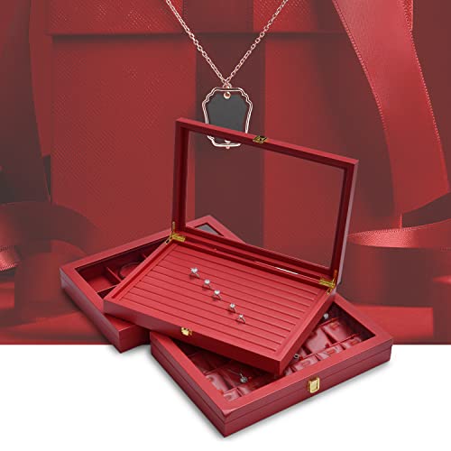 Oirlv Luxury Leather Rings Earrings Organizer Tray with Clear Lid Jewelry Display Box with Acrylic Lid Stackable Jewelry Box Drawer Inserts - color: Red, size: 10 Slot