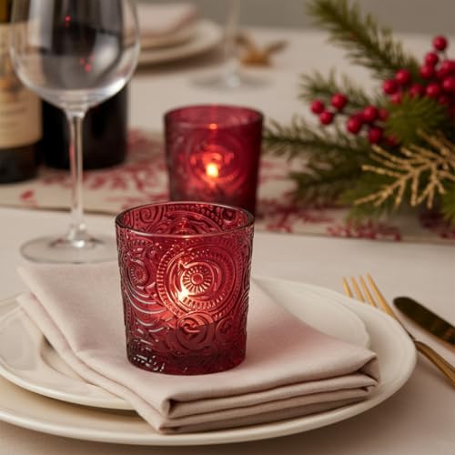 6 Pack Patented Sun Moon Star Embossed Glass Tea Light Candle Holders - Unique Votive Candle Holders for Wedding, Party, and Table Centerpieces (Wildberry Red) - color: Wildberry Red
