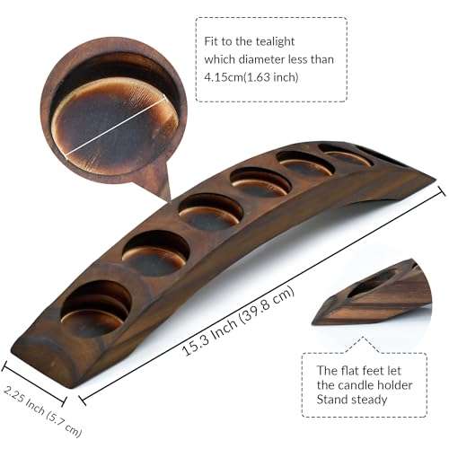 Long Wooden Bridge Tealight Candle Holder, 7 Holes - Candle Centerpieces for Tables - Rustic Wooden Color - color: Rustic Wooden Color