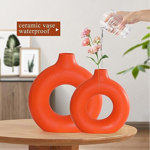 Orange Ceramic Donut Vase Set of 2, Hollow Round Matte Pampas Flower Vases for Boho Home Wedding Party Room Dinner Table Shelf Decor.（Orange） - color: Orange, size: Donut Set of 2