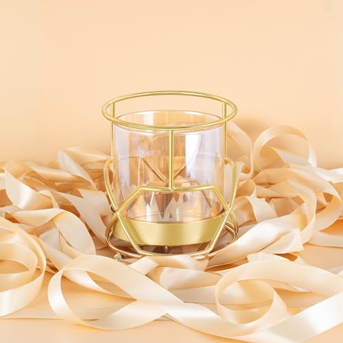 Hurricane Candle Holder, Gold Pillar Candle Holder with Geometric Decorative Accents & Windproof Glass Lid, Perfect for Weddings, Dinners, Parties & Special Events - size: 13cm