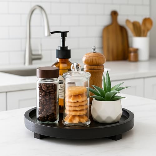 Black Decorative Wooden Tray for Kitchen Counter Bathroom Accessories Sink Vanity Trays Wood Riser Candle Pedestal Stand for Perfume Soap Trays Round Dining Coffee Table Small Rustic Home Decor Tray - color: Black, size: 10 inch