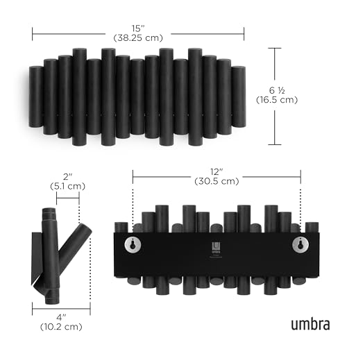 Umbra Picket Wall-Mounted Coat Rack Rail Hook with 5 Retractable Wood Pegs – Modern, Space-Saving Storage Organizer, Black - color: Black, size: 5-Hook
