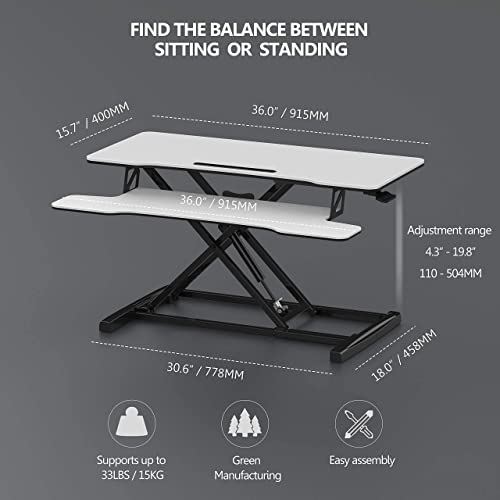 FITUEYES Height Adjustable Standing Desk 36” Wide Sit to Stand Converter Stand Up Desk Tabletop Workstation for Laptops Dual Monitor Riser White SD309103WW - color: White