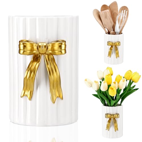 LemonRoad Ceramic Utensil Holder Kitchen Handmade Gold Bow 3D Cooking Utensil Crock with Scalloped Edge Design Vintage Retro Storage Caddy Organizer Vase Decor for Kitchen Accessories Countertop Gift - color: Gold, style: Bow