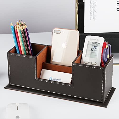 KINGFOM™ Double Holder Wood Leather Multi-Function Desk Stationery Organizer Dark Brown - color: Brown-l