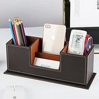 KINGFOM™ Double Holder Wood Leather Multi-Function Desk Stationery Organizer Dark Brown - color: Brown-l