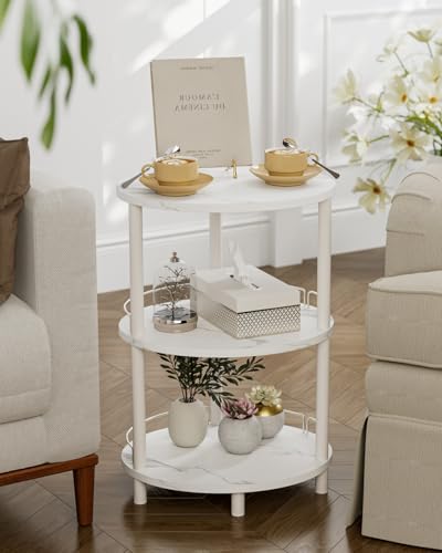 Small Nesting Coffee Table - 3-Tier Oval Accent Table for Small Spaces, Rustic Wood and Metal Couch End Table, Nightstand for Bedroom or End Table Living Room, Easy to Assemble, Marble White - color: Marble White, size: 1-Pack, style: With Guard Rail