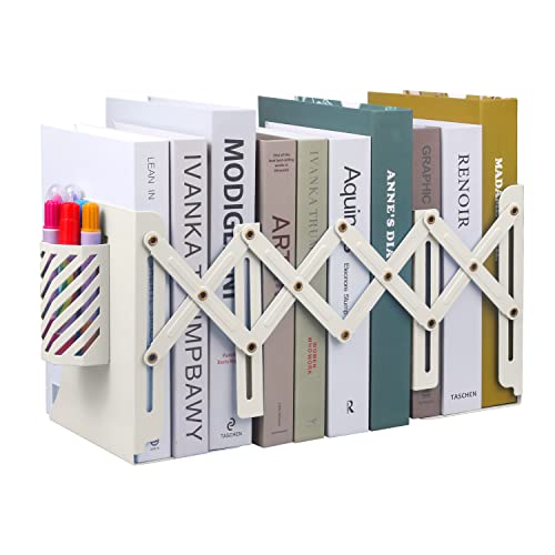 MSDADA Adjustable Bookends, Metal Book Ends for Heavy Books, Expandable Book Organizer with Pen Holder for Desk, Shelf, Office, The First Day of School Stationery Gift for Students,Teachers (Beige) - color: Beige