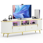 70 inch Fluted TV Stand, Luxury Modern TV Console & Media Entertainment Center for Living Room with Curved Profile, 2 Drawers, Storage Cabinet, and LED Lights, White, Holds TVs Up to 80"