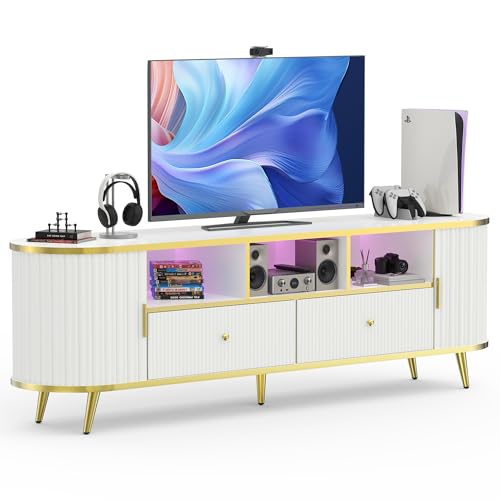 70 inch Fluted TV Stand, Luxury Modern TV Console & Media Entertainment Center for Living Room with Curved Profile, 2 Drawers, Storage Cabinet, and LED Lights, White, Holds TVs Up to 80"