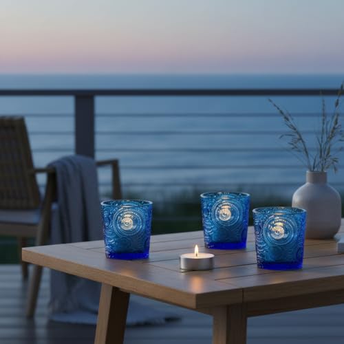 12 Pack Patented Sun Moon Star Embossed Glass Tea Light Candle Holders - Unique Votive Candle Holders for Wedding, Party, and Table Centerpieces (Ocean Blue) - color: Ocean Blue