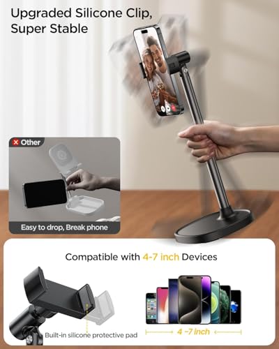 DIMONCOAT Phone Stand for Desk, Angle Height Adjustable Phone Holder for Desk, Aluminum Alloy Universal iPhone Holder, Retractable Cell Phone Stand Recording Office for iPhone 17 16 15 Pro Max S26 - color: BLACK - 6X STABLE WEIGHTED BASE, size: For 4-7 In