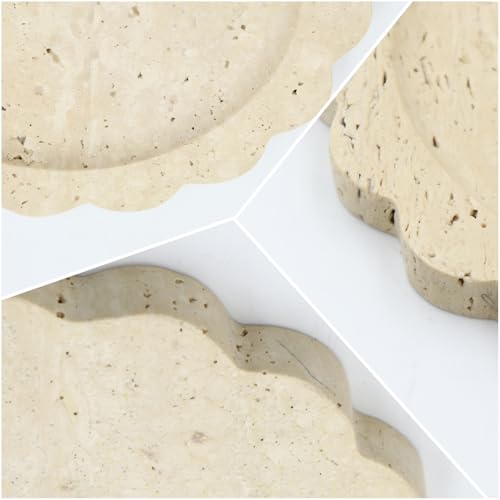 Round Marble Decorative Tray with Scalloped Edge, Luxury Natural Stone Bathroom Vanity Tray, Dresser Top Perfume Coffee Home Kitchen Sink Tray, Key Trinket Ring - color: Beige Travertine