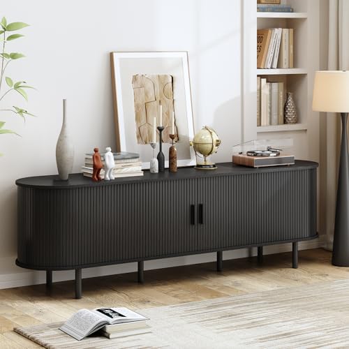 70.8" TV Stand with Power Outlet, Mid-Century Modern Television Stand, Fluted Media Console with Sliding Doors, Entertainment Center for TVs up to 60 Inch, Adjustable Shelves, Black - color: Black, size: 70.8 Inch
