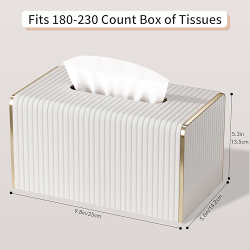 Extra Large Tissue Box Cover for Standard Size 180 to 230 Count Box of Tissues, PU Leather Rectangle Tissue Holder with Magnetic Closure， Gold-Tone Edging Decoration (Ivory) - color: Cream White, size: Rectangle Extra Height