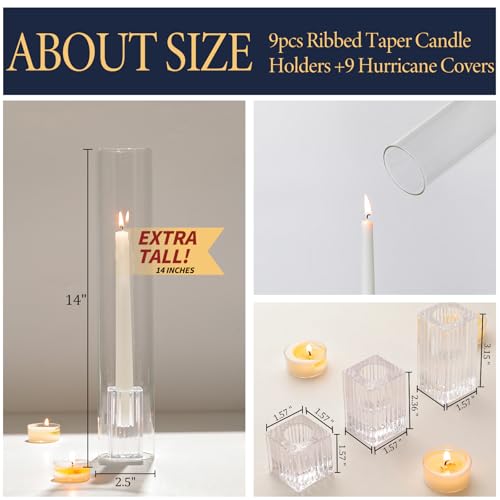LETINE Hurricane Candle Holders with Ribbed Taper Candle Holders Set of 9(14") - Clear, Windproof & Elegant Candle Holder with Glass Cover for Wedding Centerpieces, Events & Home Decor - color: Clear, size: 14H"-9pcs+9pcs Taper Holder1.57"/2.36"/3.15"