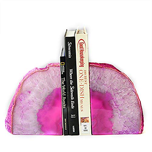 JIC Gem Pink Dyed Agate Bookends Geode Book Ends Stone Bookends for Shelves to Hold Books Heavy Duty with Rubber Bumpers for Decoration Brazilian(1 Pair, 3-4 LBS) - color: Pink Dyed, size: 3-4LBS.