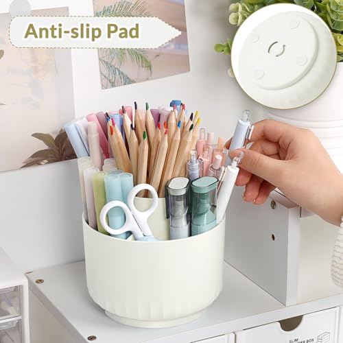 SKYDUE 360 Degree Rotating Desk Organizer, Small Dual-Purpose Pencil Pen Holder for Desk, Rotating Pencil Cup with 5 Slots, Office Supplies, Desk Decor for Office, School, Home - color: Cream