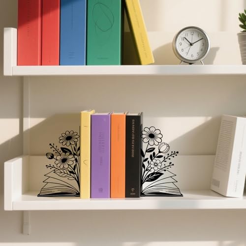 Metal Bookends Flower & Book Bookends Decorative Cute Book Ends for Shelves Bookshelf Reading Decor Bookshelf Decor Space-Saving Desk Organizer for Book Lovers Gift - style: Flower & Book Decorative Bookends
