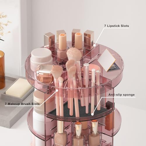 Jiavarry 360 Rotating Makeup Organizer with Lipstick Slots, 8 Adjustable Layers Spinning Skincare Organizers, Large Capacity Desk Storage, Carousel Cosmetic Shelf for Vanity Bathroom Countertop - color: Slot Top Pink