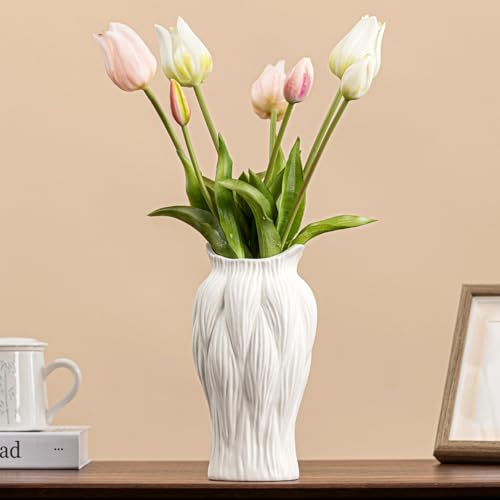 White Ceramic Vase with Reed-Inspired Texture - 9" Unique Flower Vase for Pampas Grass & Centerpieces, Decorative Boho/Farmhouse Vase for Living Room,Office Desk & Housewarming Gift (for Her/Yourself) - color: Reed-inspired