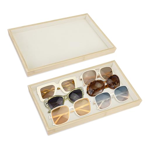 MOOCA 2 Pcs Bamboo Jewelry Display Tray, Presentation Tray, Organizer for Rings, Necklaces, Earrings, and Accessories, Beige Color, 14" W x 9.6" D x 1.2" H - color: 1 Compartment