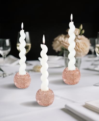 Vixdonos Round Resin Rhinestones Candlestick Holders Set of 3 Ceramic Candle Holder Bulk for Taper Candles,Rose Gold - color: Rhinestones-rose Gold