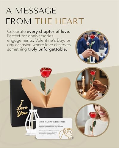 Forever Rose Bloom Box & Phantom Vase Combo, 24K Gold Trim Red Dipped Rose in a Personalized Gift Box That Says I Love You Embossed in Gold Foil, Unique & Everlasting Gift for Any Occasion - color: "I Love You" Red Rose Dipped Rose (Phantom Vase & Bloom B