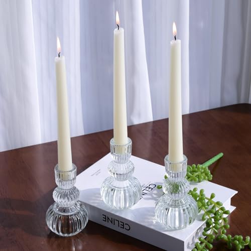 Woho Clear Taper Candle Holders 4.3" H Set of 3 for Wedding Table, Ribbed Glass Candlestick Holders for Daily Home Decor, Vintage Candle Sticks Holder Decor for Thanksgiving Christmas - color: Clear