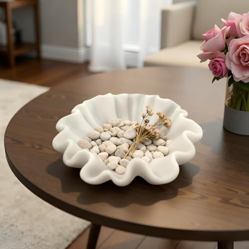 10" Large Handmade Decorative Bowl decor , Handicraft Scalloped Bowls for Modern Home Decor,Ruffle Decor,Key Bowl for Entry Table,Decorative Fruit Bowl for Kitchen Counter,Artificial Stone Milky White - color: Milky White, size: 10inch