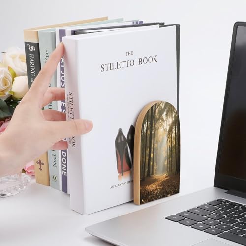 Personalized Wood Book Ends Metal Base Autumn Forest Path Printing Bookend Modern Heavy Duty Bookends for Home Or Office 1 Pair - color: Autumn Forest Path