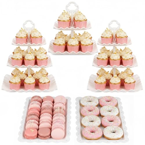 NWK 5 Piece Cake Stand Set with 2 x 3-Tier Cupcake Stands, 1 x2-Tier Cupcake Stands, 2 x Appetizer Trays, for Wedding Birthday Baby Shower Tea Party Decorations (White) - color: White
