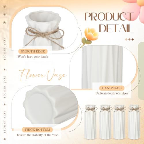 FoldTier 4 Pack White Bud Vases Ceramic for Centerpieces 8.27 Inch White Vase for Flowers with Rope for Wedding Party Dining Table Home Bedroom Kitchen Office Decoration