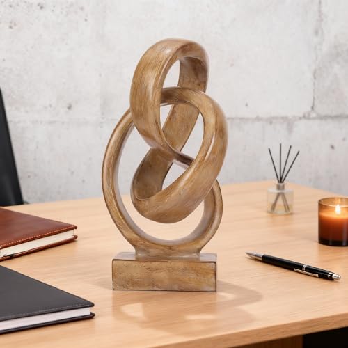 Abstract wood-toned knot sculpture, geometric decorative statue, wood-toned accent piece for living room coffee table or bookshelf surface, office TV cabinet or entryway console table decoration. - color: Original