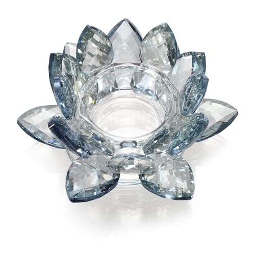 OwnMy Croatia Blue Crystal Lotus Flower Tealight Candle Holder Decor, Decorative Crystal Lotus Candle Lamp Sparkle Glass Flower Votive Candle Stand for Wedding Dining Table Centerpieces - color: Croatia Blue