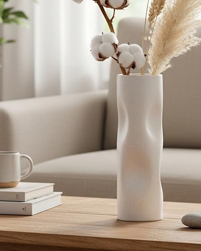 11 Inch Ceramic Flower Vase, OOSTONEE Tall Ceramic Vase, Unique Boho Modern Geometric Decorative Style, Must-Have for Shelf, Home, Living Room, Bookshelf Decor, Coffee Table Centerpiece