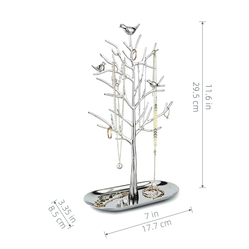 MORE&LESS Branch Jewelry Rack with metal tray,Luxury color,Tree Tower Rack Hanging Organizer for Ring Earrings Necklace Bracelet,Suitable for living rooms, bathrooms,offices,etc. - color: A Silver-Metal Tray