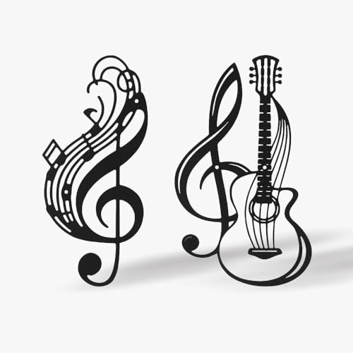 Musical Note Metal Wall Art Vase with Flowers, Hanging Decor for Indoor Living Room, Kitchen, Bedroom (Guitar Musical Notes 2 Pack)